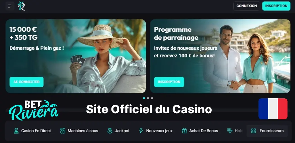 Interface BetRiviera France avec bonus pour l'accueil du site.
