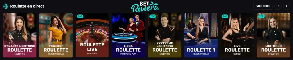 Casino live Bet Riviera offrant roulette et blackjack en direct