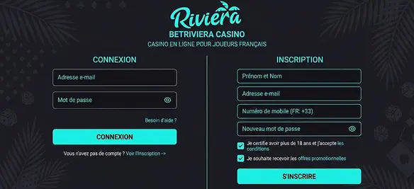 Fenêtre connexion BetRiviera pour accéder au compte joueur